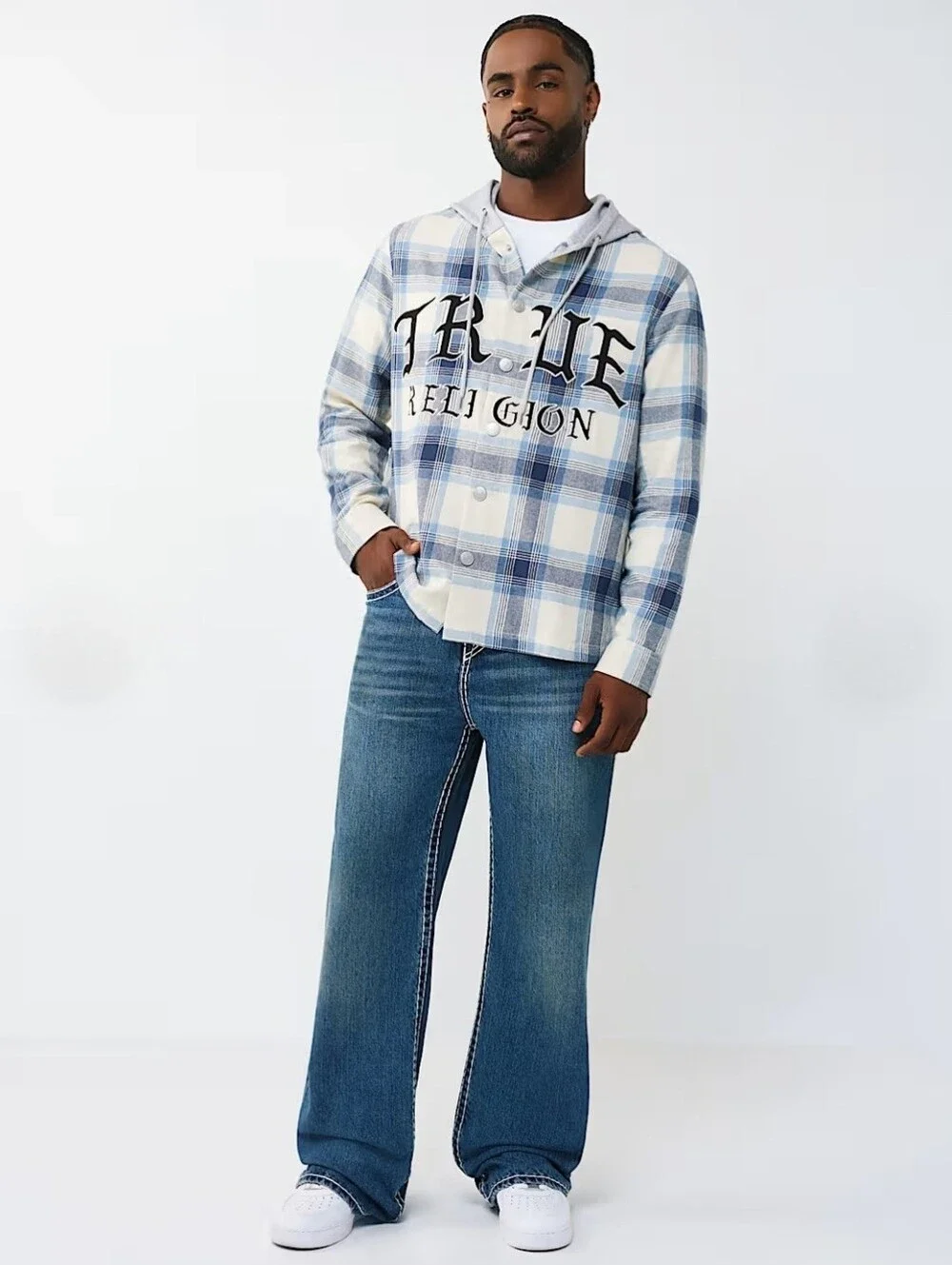 $119 True Religion Mens hooded flannel shirt